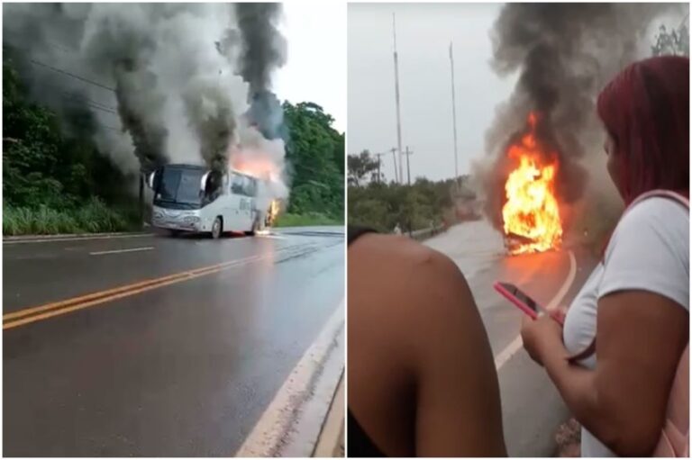 Ônibus com 40 trabalhadores pega fogo em rodovia de MT